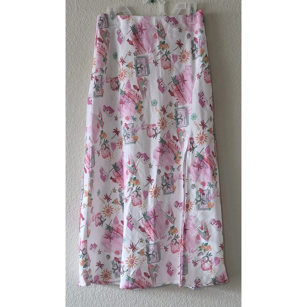 Francesca's Kathy Satin Midi Skirt Slit Beach Vacay XS Tropical Floral MSRP $60